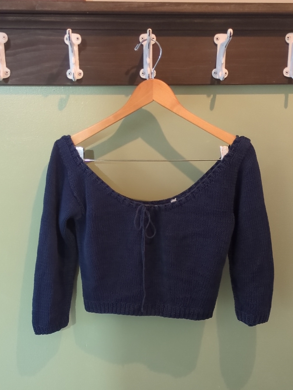 Vintage Perry Ellis Hand Knit Cotton Crop Sweater Navy Blue Cottagecore Coastal